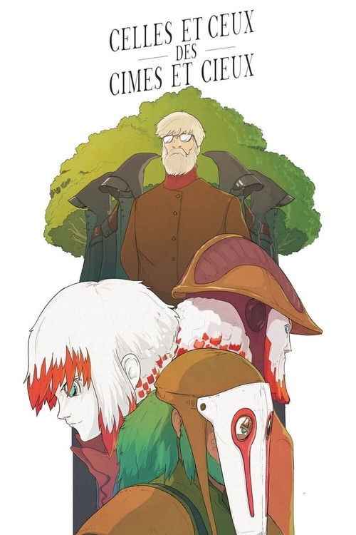 The poster features a whimsical scene with a man in a brown suit standing behind a tree, surrounded by colorful, fantastical figures. The vibrant greens and reds create a lively atmosphere, while the playful, slightly surreal characters evoke a sense of wonder and adventure.