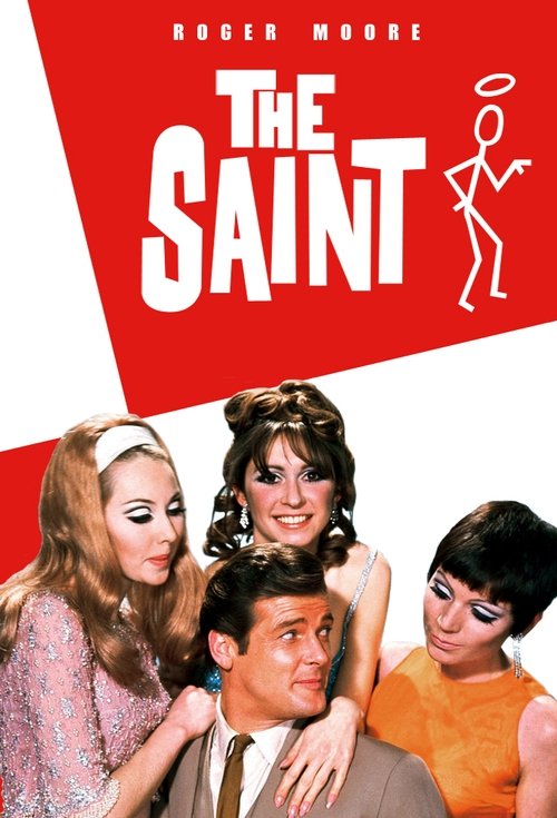 The poster features four women in glamorous 1960s attire, with a man in a suit looking upward with a mischievous expression. The bold red and white design, along with the stylized angelic figure, evoke a playful, comedic, and slightly surreal mood.