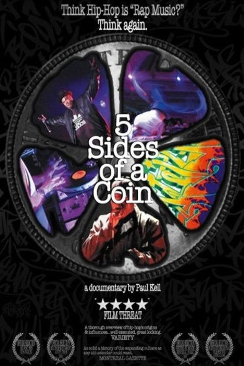 The poster features a central coin with vibrant, psychedelic colors—purple, pink, and orange—symbolizing the film's themes of transformation and duality. Surrounding the coin are silhouettes of diverse characters, hinting at the film's exploration of different facets of life. The dark, moody back...