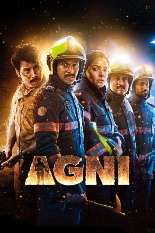 The poster features four firefighters in blue uniforms with reflective stripes, standing in a line against a dark, starry background. Their expressions convey determination and readiness. The title "AGNI" is prominently displayed in fiery, glowing letters, suggesting an intense and dramatic narra...