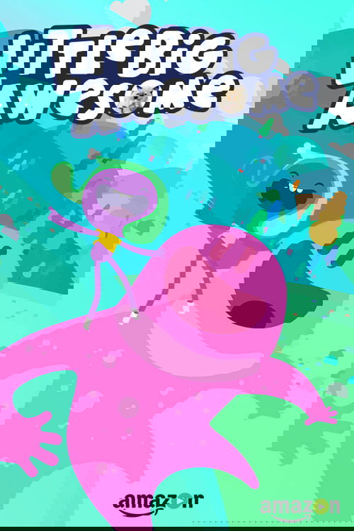 The poster features a cheerful pink creature with a wide grin, surrounded by colorful characters in playful poses. The vibrant turquoise background and bright pink hues create a lively, energetic atmosphere, suggesting fun and adventure.