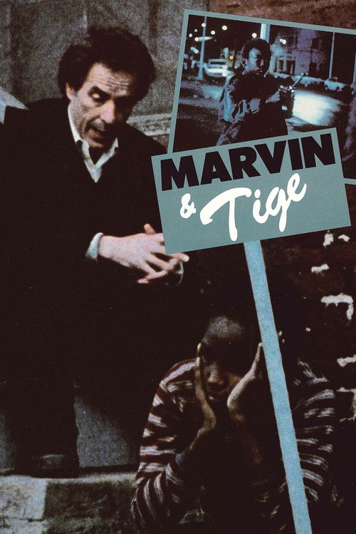 The poster features a man in a dark suit and a figure in a striped shirt, evoking a gritty, noir atmosphere. The title "Marvin & Tige" is prominently displayed in bold, white lettering against a teal background, suggesting a blend of humor and drama. The overall composition conveys a sense of mys...