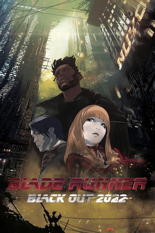 The poster features a dystopian cityscape with towering skyscrapers bathed in neon lights and shadows. Two figures dominate the foreground: a muscular man with a rugged appearance and a woman with long blonde hair, both wearing dark clothing. The colors are dark, with warm tones from the city lig...