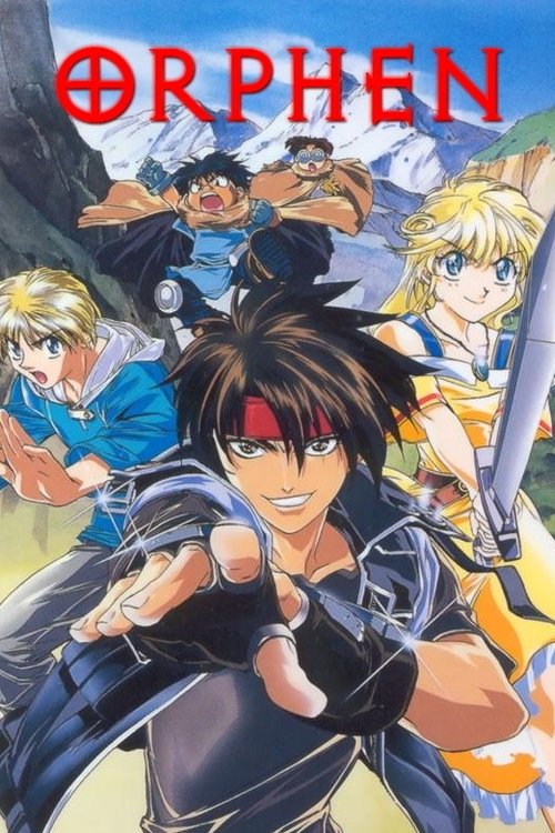 The poster features a dynamic anime-style scene with characters in vibrant colors—reds, blues, and yellows—against a backdrop of snowy mountains. The central figure exudes confidence with a determined expression, while others in the background add depth and action. The bold red title "ORPHEN" dom...